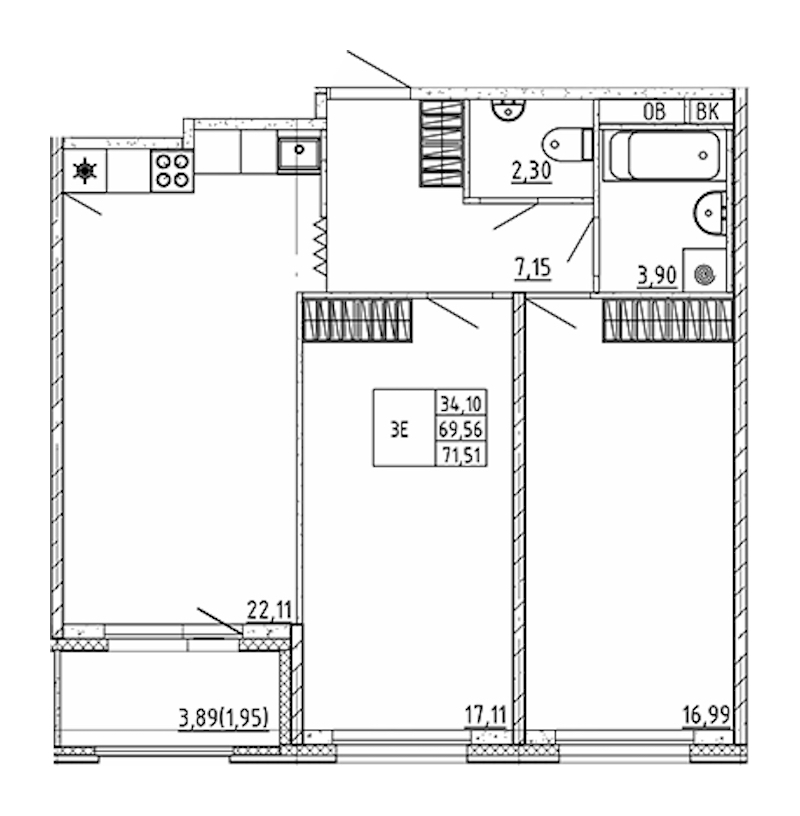 2-комнатная квартира 71.51 м², 3/12 эт., ЖК «UP! Квартал Воронцовский»